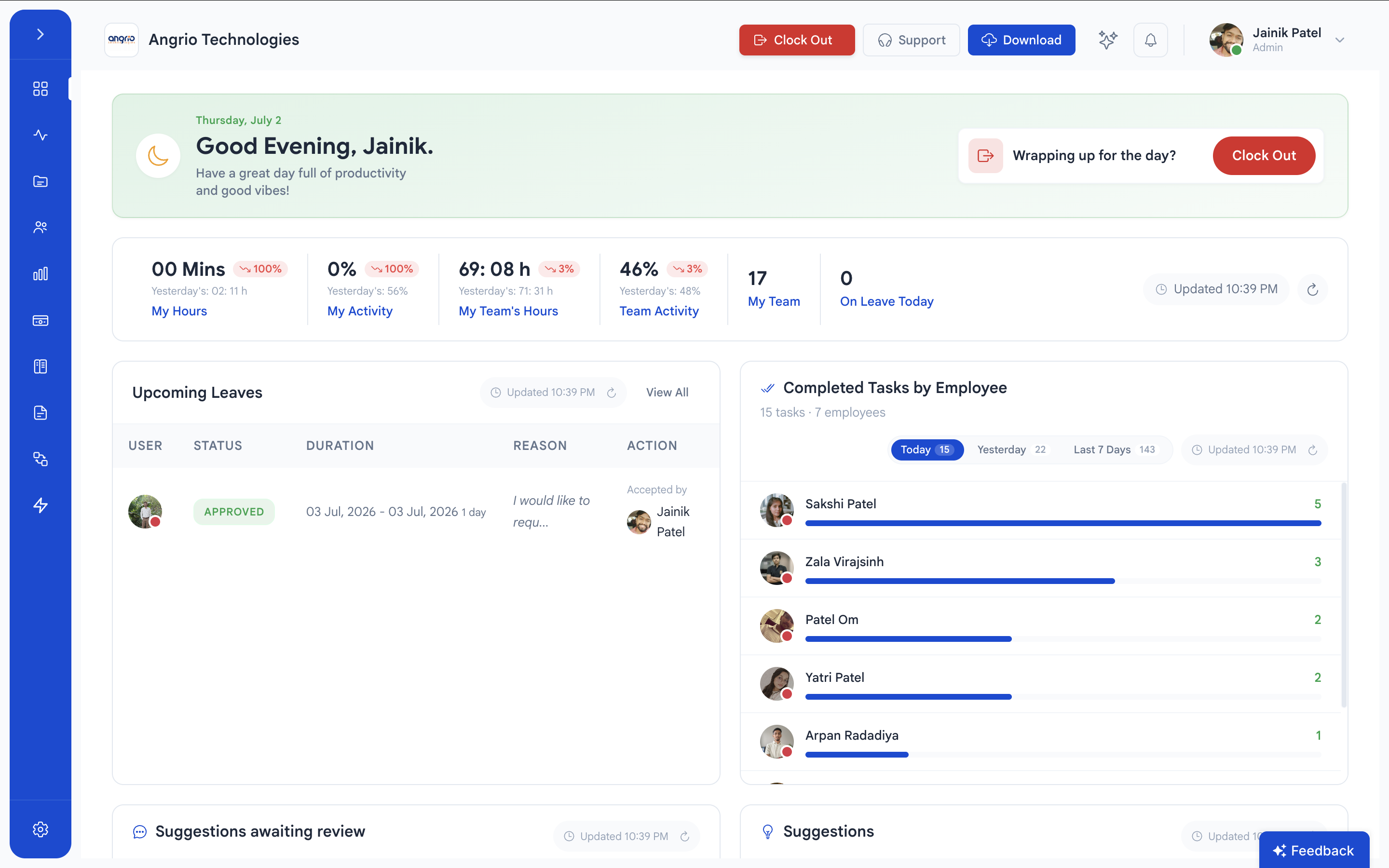 Trakkar dashboard showing team hours, activity, leaves and completed tasks